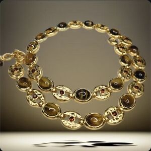 New 18k Gold Plated Chunky Tigers Eye Stone Necklace